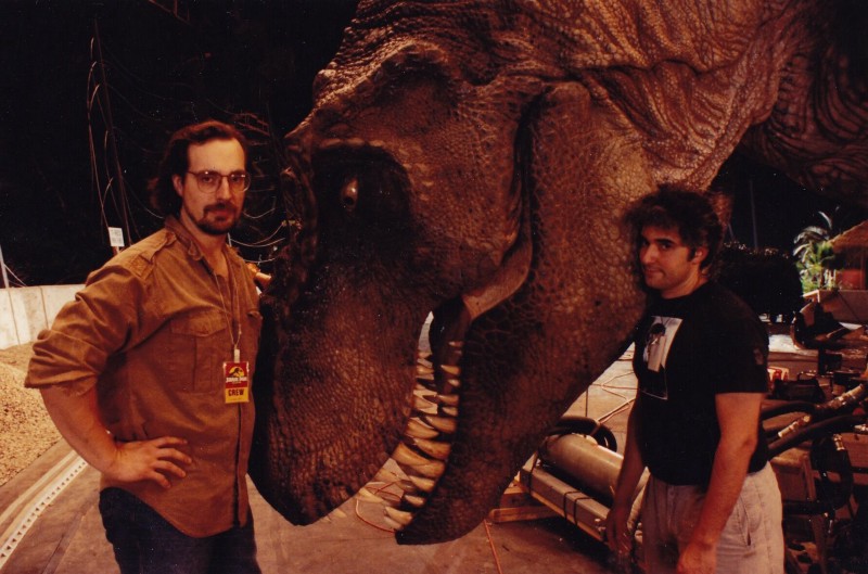 Mike Trcic and Shannon Shea take a break on the Jurassic Park set