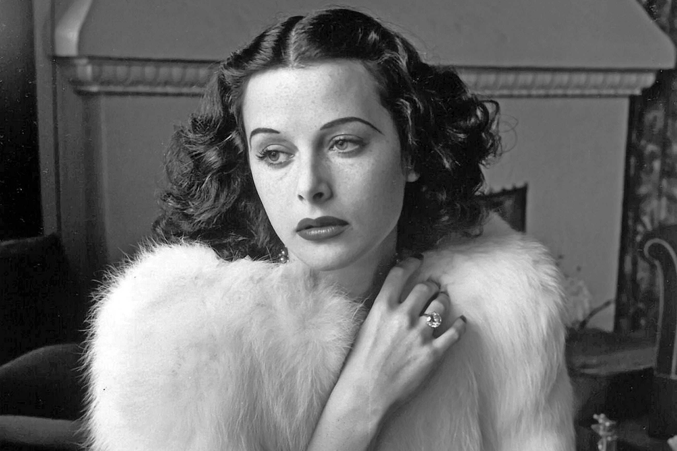 Hedy Lamarr Glamorous Portrait Of Movie Actress Hedy Lamarr Wearing White Fox Fur Short Jacket